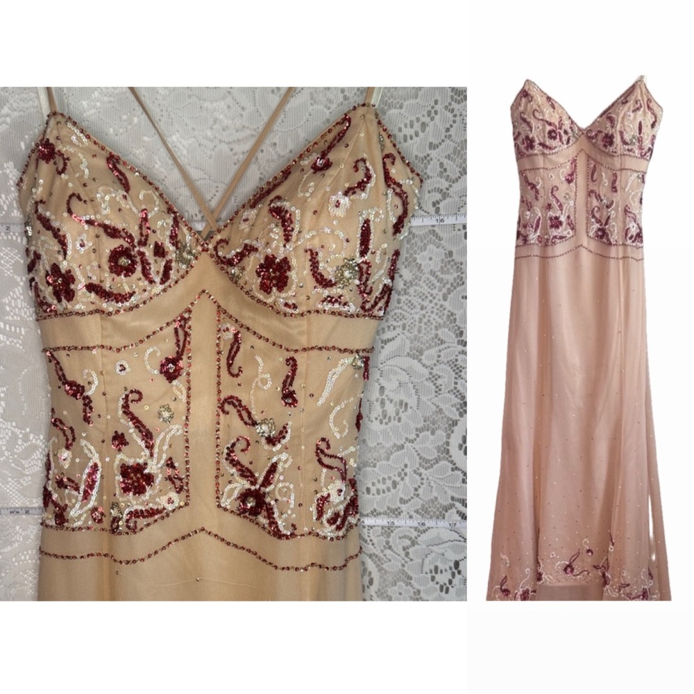 Stunning Vintage Custom Hand Embroidered Evening Gown Dress in Cream White & Red
